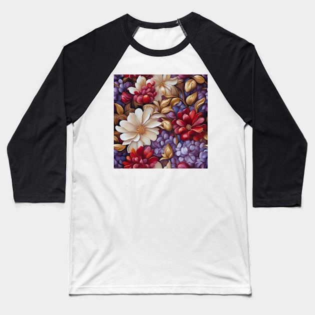 Colorful Floral Design Baseball T-Shirt by UniqueMe
